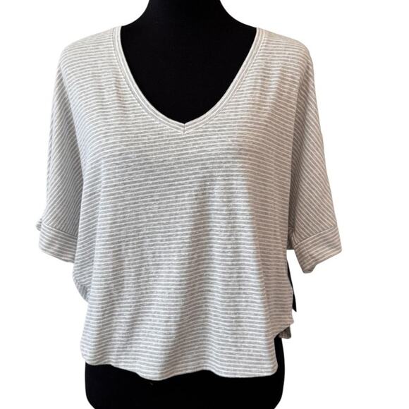 MELROSE + MARKET NORDSTROM Gray/White Striped Knot Sleeve V-Neck Top Size L - Picture 1 of 5